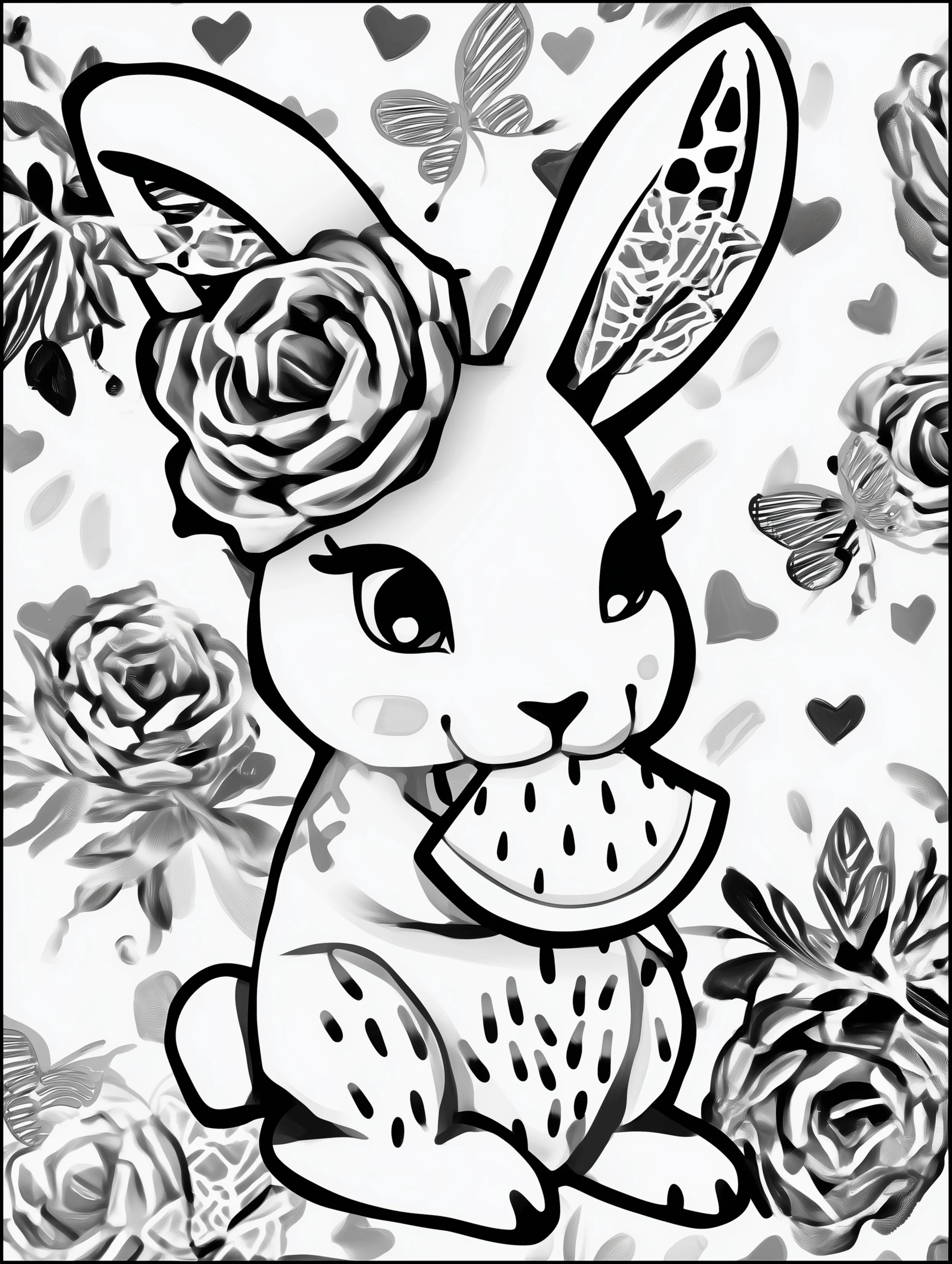 Free printable rabbit coloring page for adults featuring a bunny eating watermelon